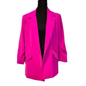 Skies Are Blue Women's Fuchsia Blazer Jacket Size L Ruched Sleeves Pockets